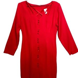 Vintage Fredericks of Hollywood 80s Criss Cross Cut-Out Red Crepe Mini Dress M